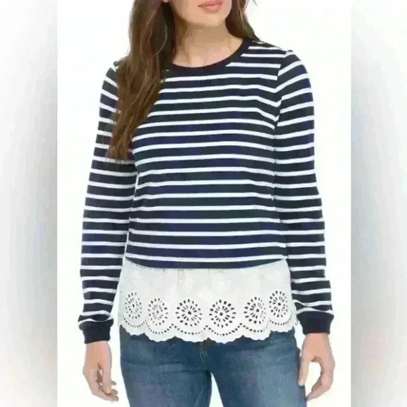 Crown & Ivy Long Sleeve Eyelet Hem Sweatshirt Top Shirt Striped Navy Size Large - Picture 1 of 6